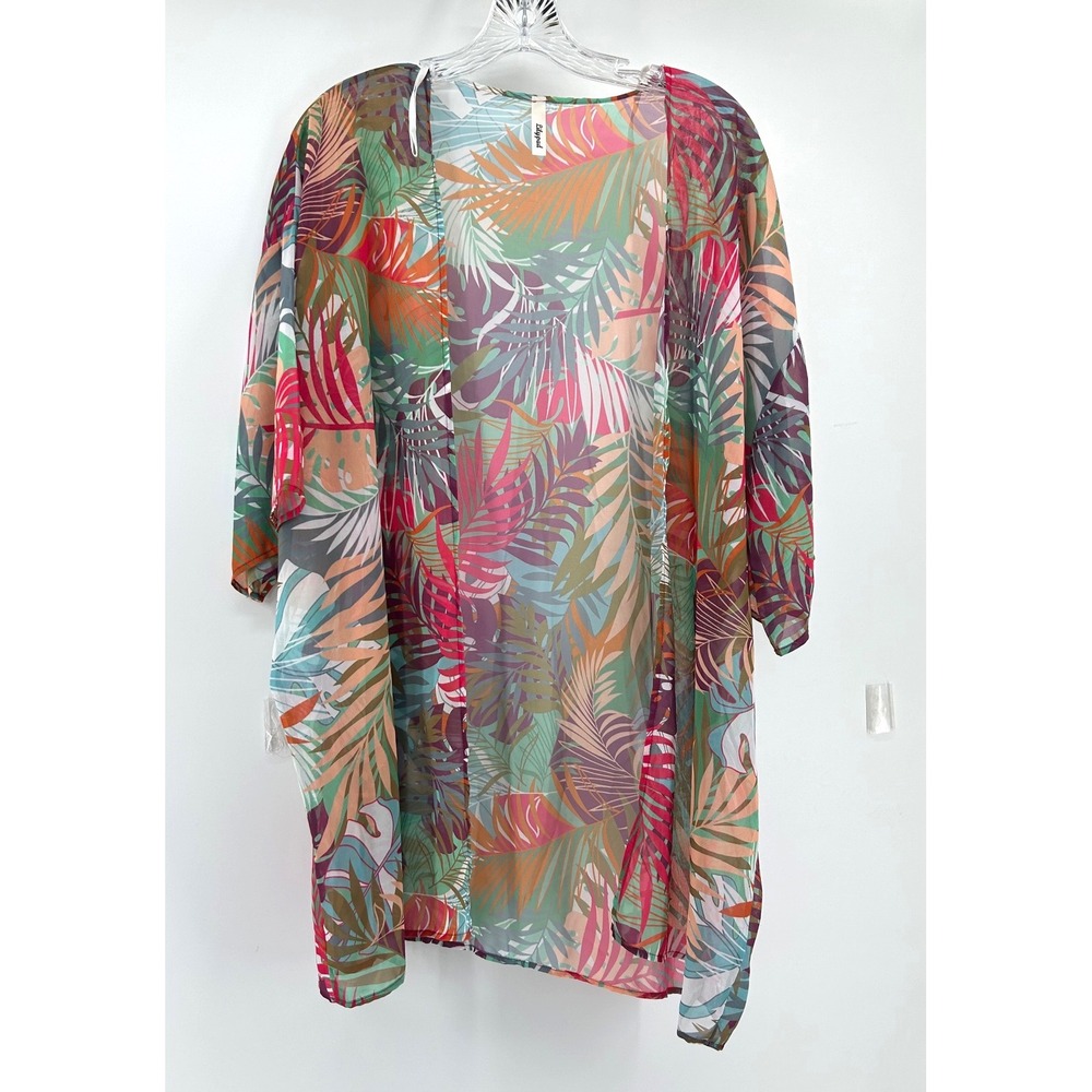 Lilypad Womens Tropical Palm Leaf Kimono Wrap Sheer Cover Up Medium Beach USA